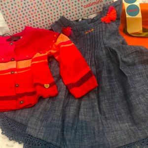 CATAMINI 2-PIECE 12 MO. GIRL PINTUCK DETAIL DENIM DRESS w/POINTELLE CARDIGAN NWT